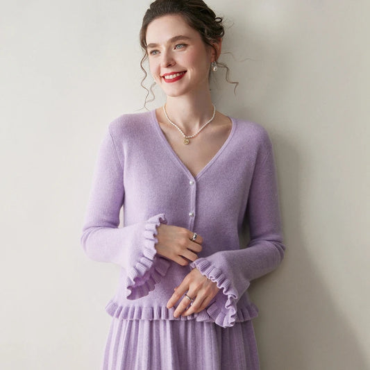 Dámský kašmírový svetřík s volánky