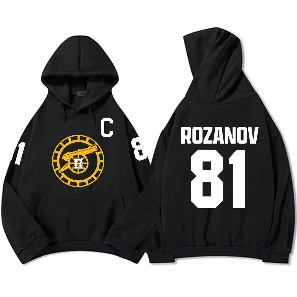 Unisex hokejová mikina Heated Rivalry, Rozanov 81, černá, kulatý znak
