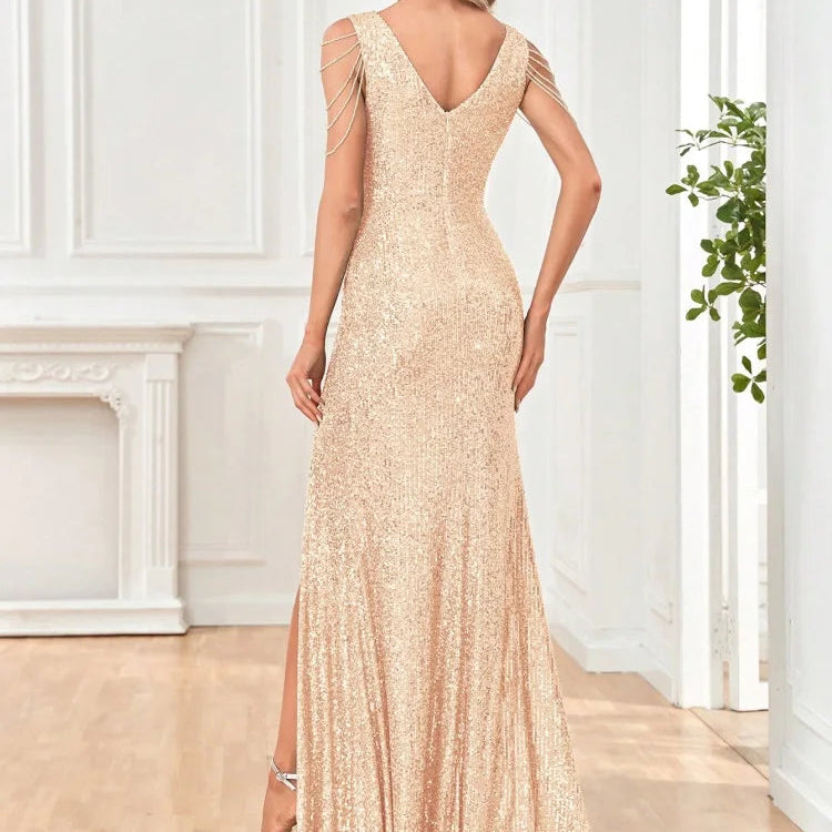 Dámské elegantní třpytivé šaty s rozparkem