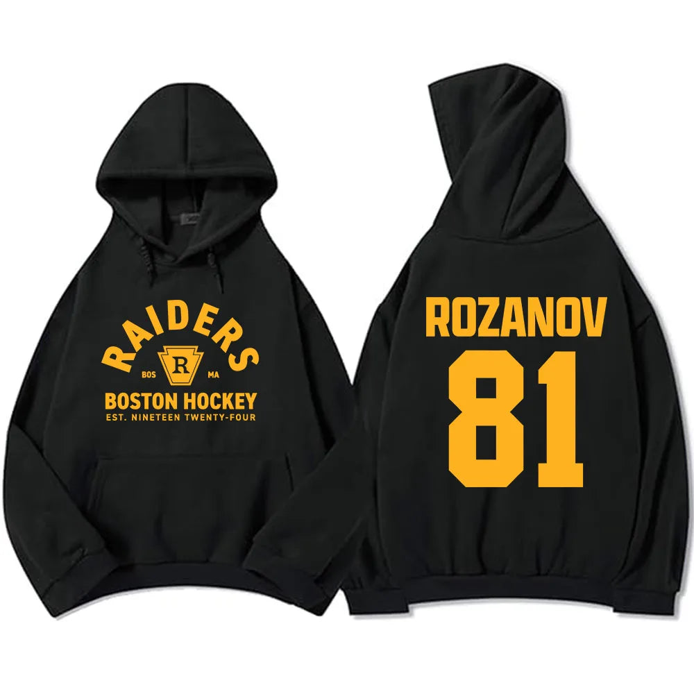 Unisex hokejová mikina Heated Rivalry, Rozanov 81, černá, nápis Raiders