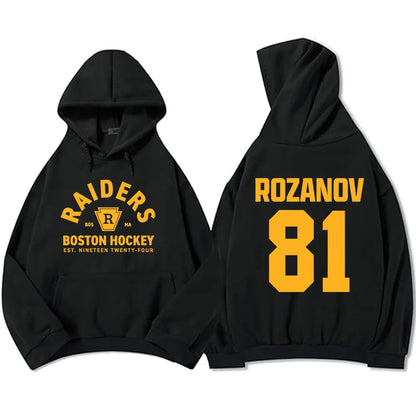 Unisex hokejová mikina Heated Rivalry, Rozanov 81, černá, nápis Raiders