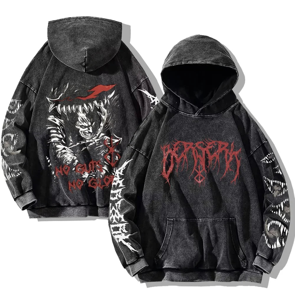 Pánská mikina Berserk s kapucí, Guts s mečem, bílý potisk