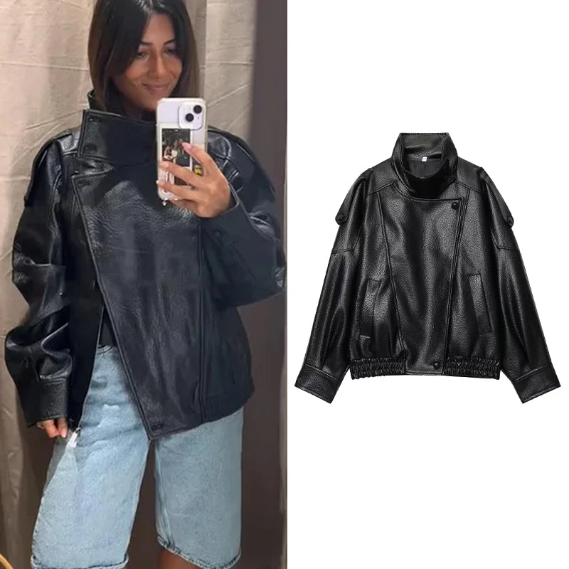 Dámská oversize bunda z eko kůže, detail