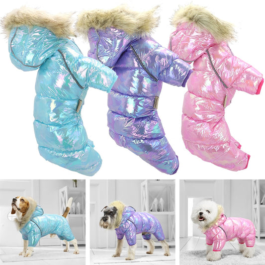 Zimní psí holografická bunda s kapucí